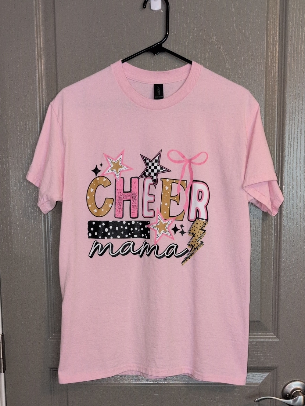 Gildan Pink Cheer Mama Graphic Tee with Gold and Black Accents